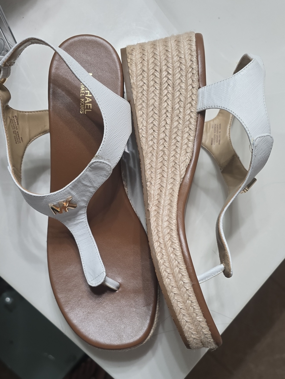 Michael Kors White Leather Espadrille Wedge Sandals